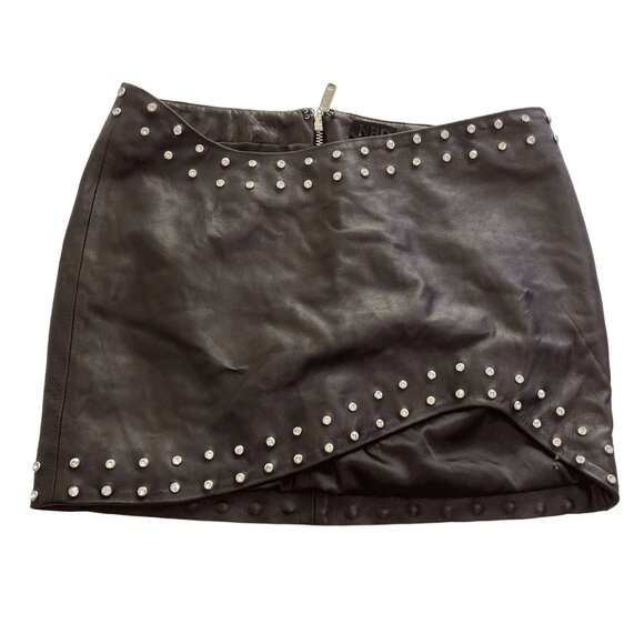 NBD Amalia Rhinestone-Trimmed Lamb Leather Skirt in Black